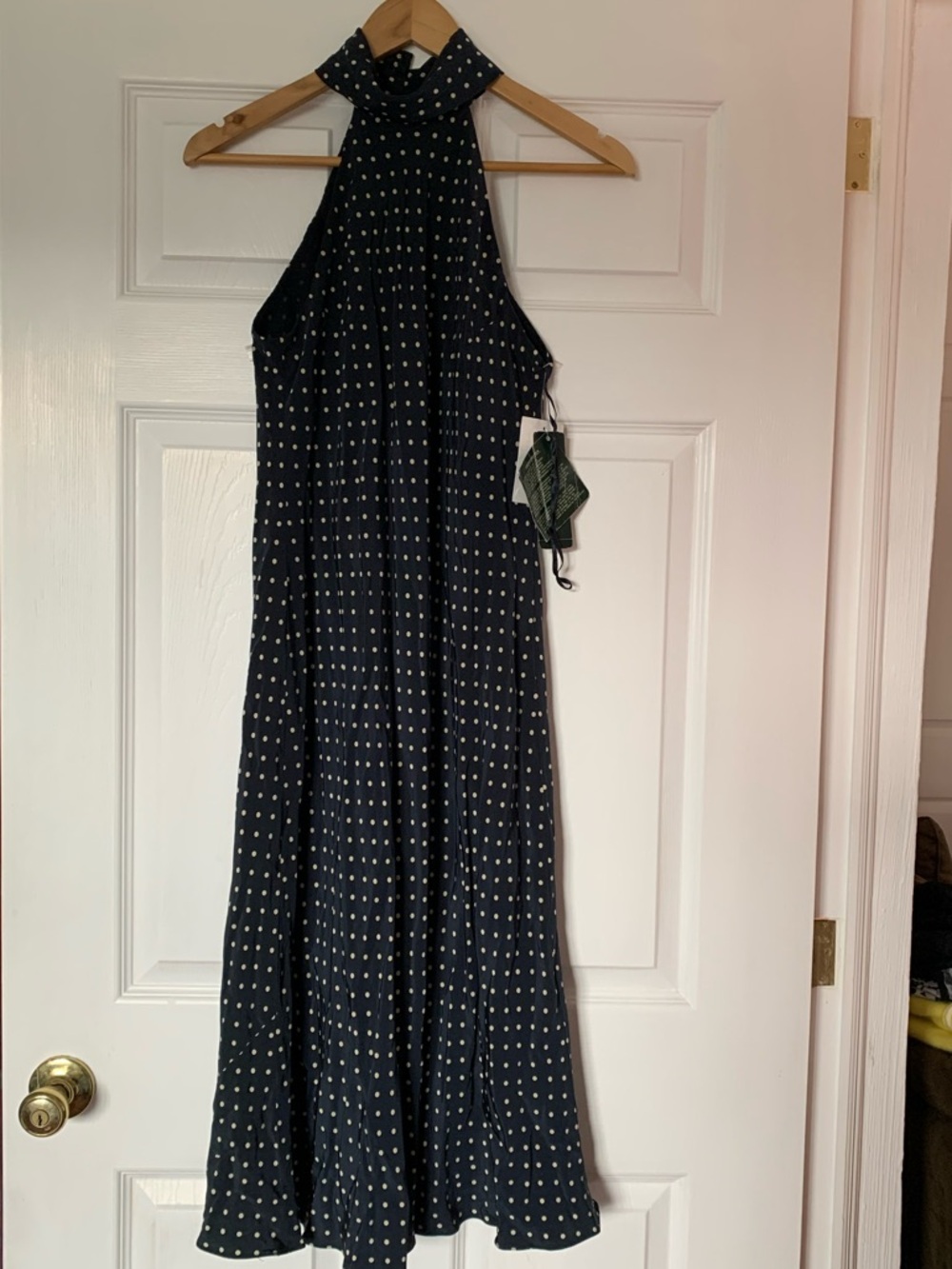Vintage Lauren Ralph Lauren Navy Blue Polka Dot Midi Dress 100% Silk
